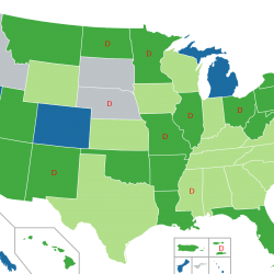 Blue: Legal; Dark Green: Legal For Medical Use; Light Green: Legal for medical use, limited THC content; Grey: Prohibited for any use; D: Decriminalized