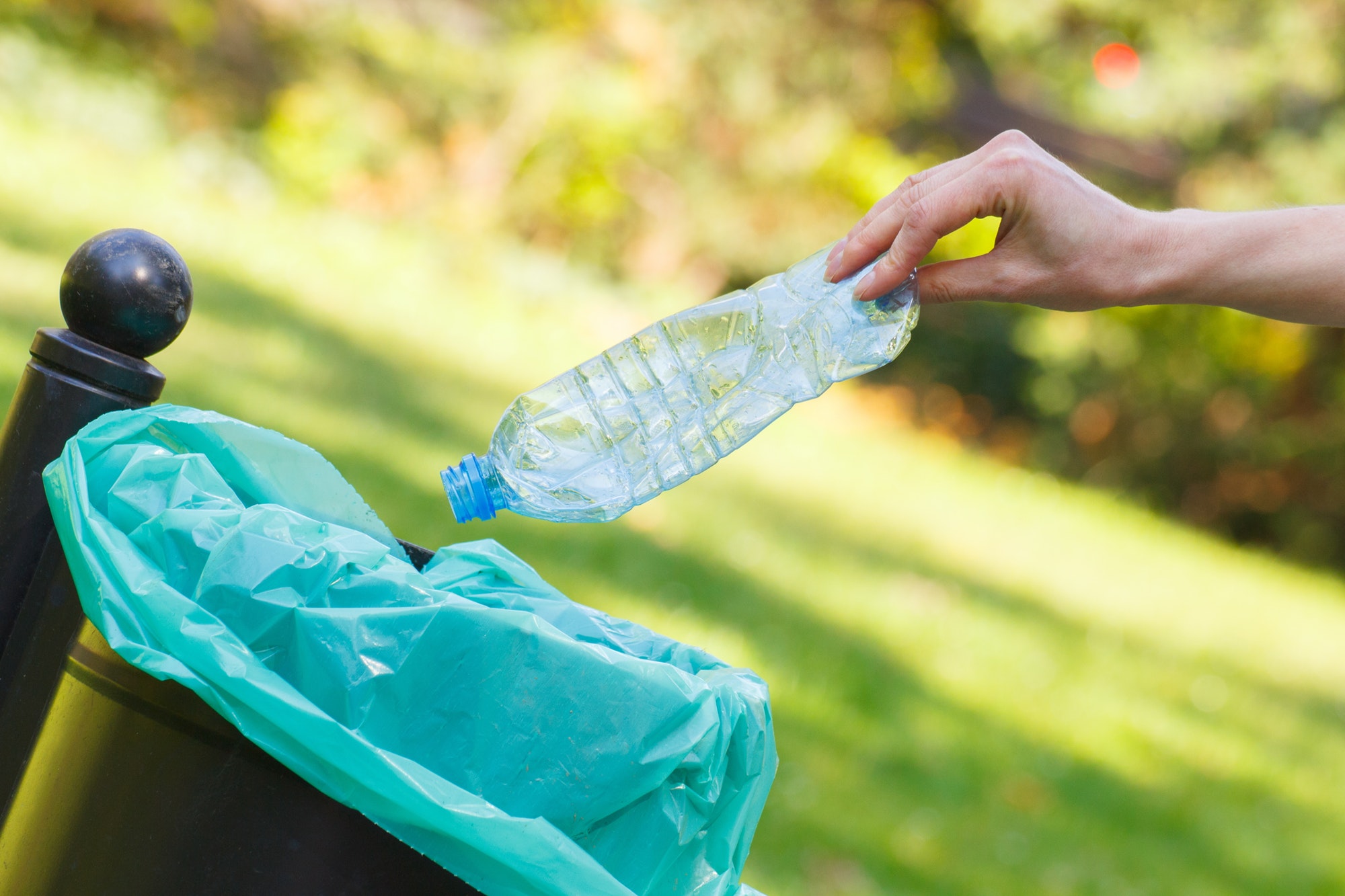 Hand of woman throwing bottle into recycling bin, littering of environmental