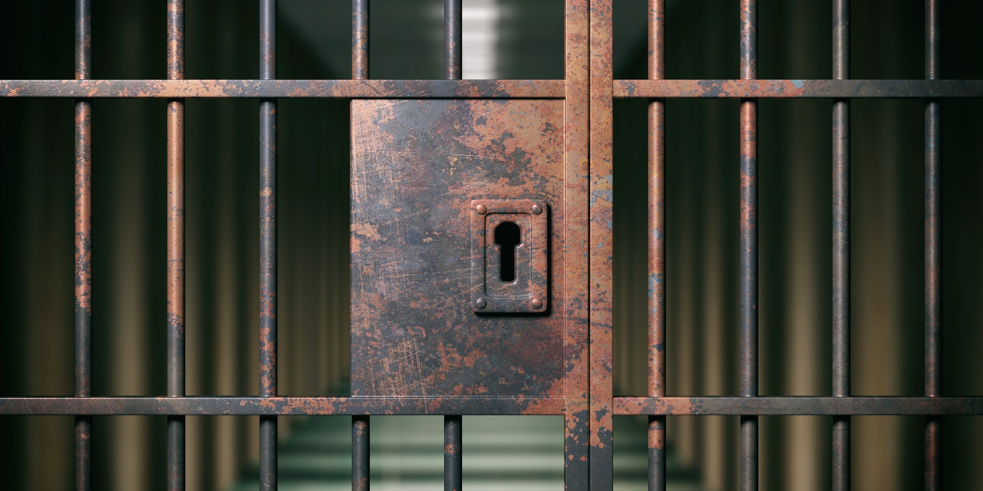 Prison interior. Locked rusty door closeup, dark background. 3d illustration
