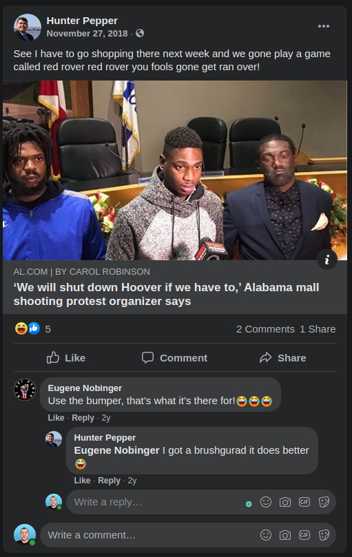 Hunter Pepper Facebook post mentioning running over black protesters in Hoover, AL