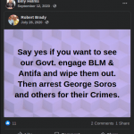 Billy Helms of Abbeville, AL sharing a post calling for the U.S. Government to wipe out Black Lives Matter and ANTIFA while also arresting George Soros