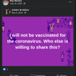 Ray Baxley from Blountsville, AL shares a post that states he will not receive a COVID-19 vaccination.