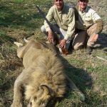 Sandy Stimpson from Mobile, AL posing with a dead lion he killed while hunting